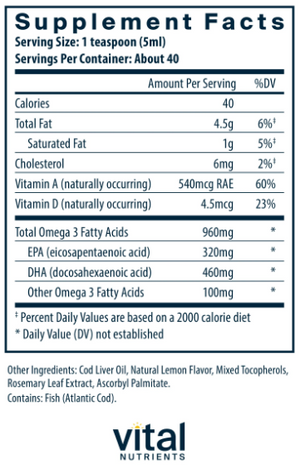 Vital Nutrients Ultra Pure Cod Liver Oil 1025